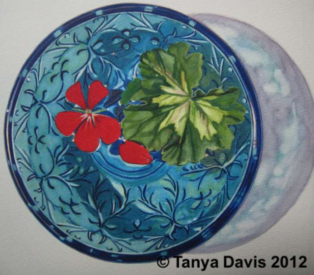 Blue Glass Bowl with Geranium and Leaf