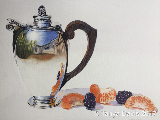 Silver Teapot with Tangerines and Blackberries