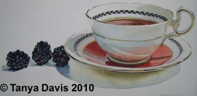 White and Coral Aynsley Teacup with Blackberries